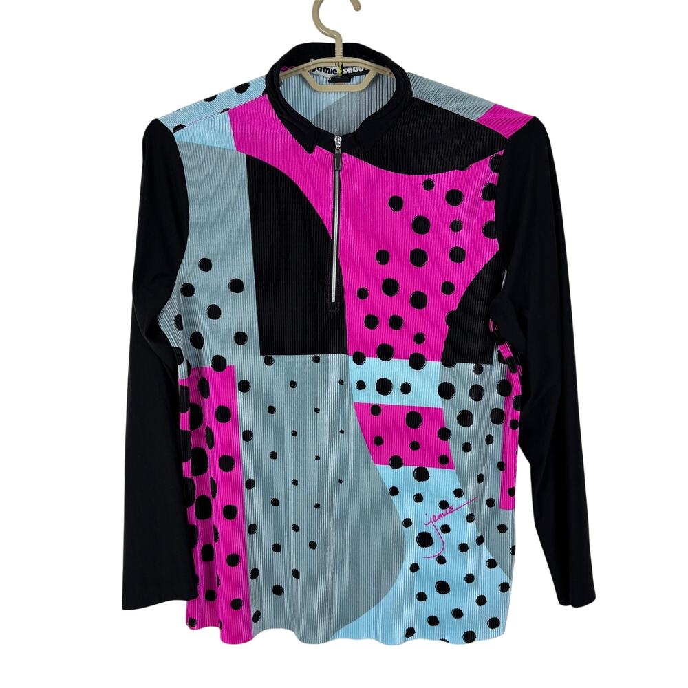 Jamie Sadock 1/4 Zip Long Sleeve Top XL Pleated Black Blue Pink Golf active